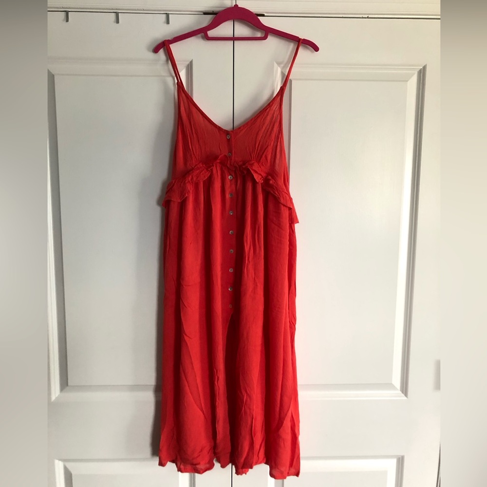 Topshop Ruffled Babydoll Midi Dress Size 8/10 Coral Red Pink